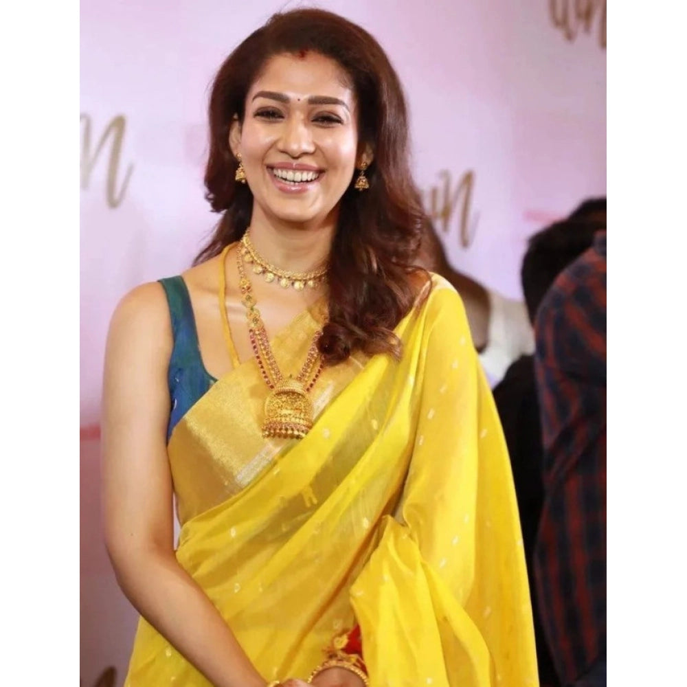 Yellow litchi silk printed saree with unstitched blouse - vibrant Indian casual wear