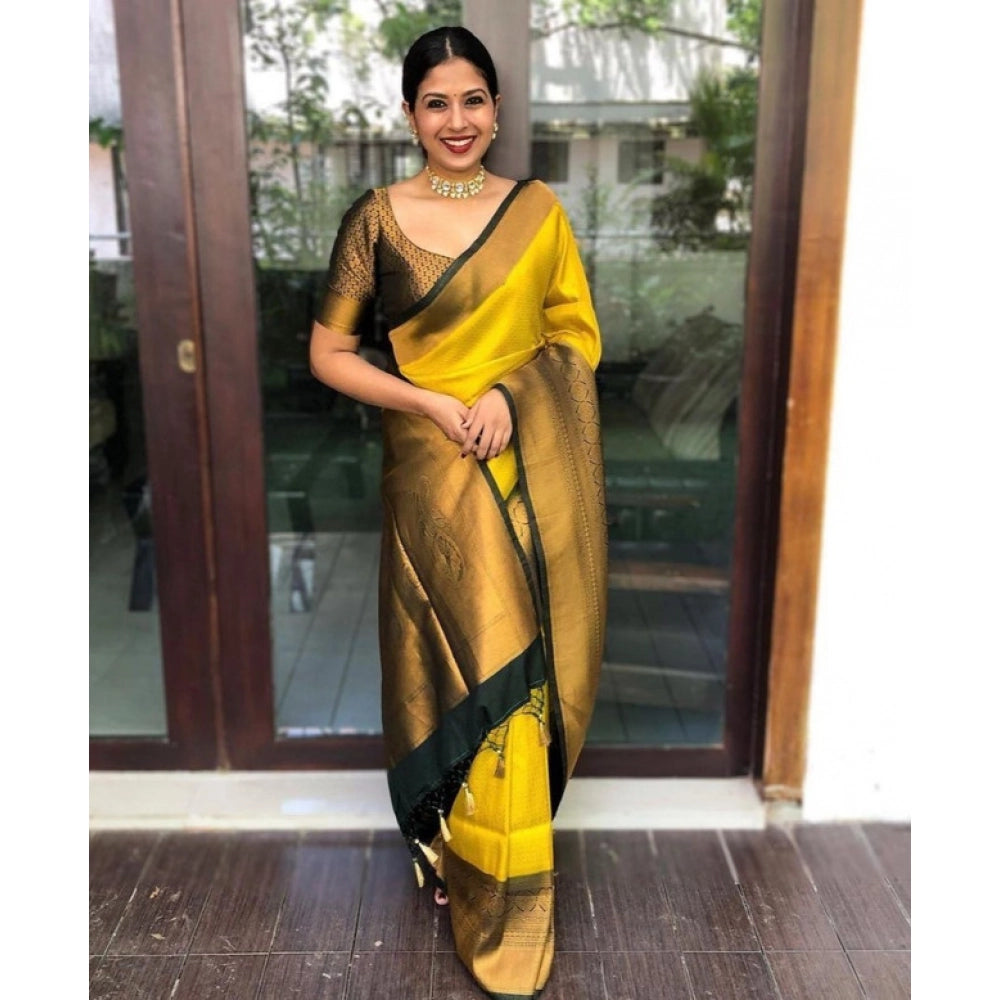 Yellow litchi silk printed saree with unstitched blouse, casual Indian wear for women