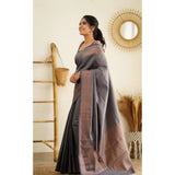 Women's Litchi silk Printed Saree With Unstitched Blouse (Grey)
