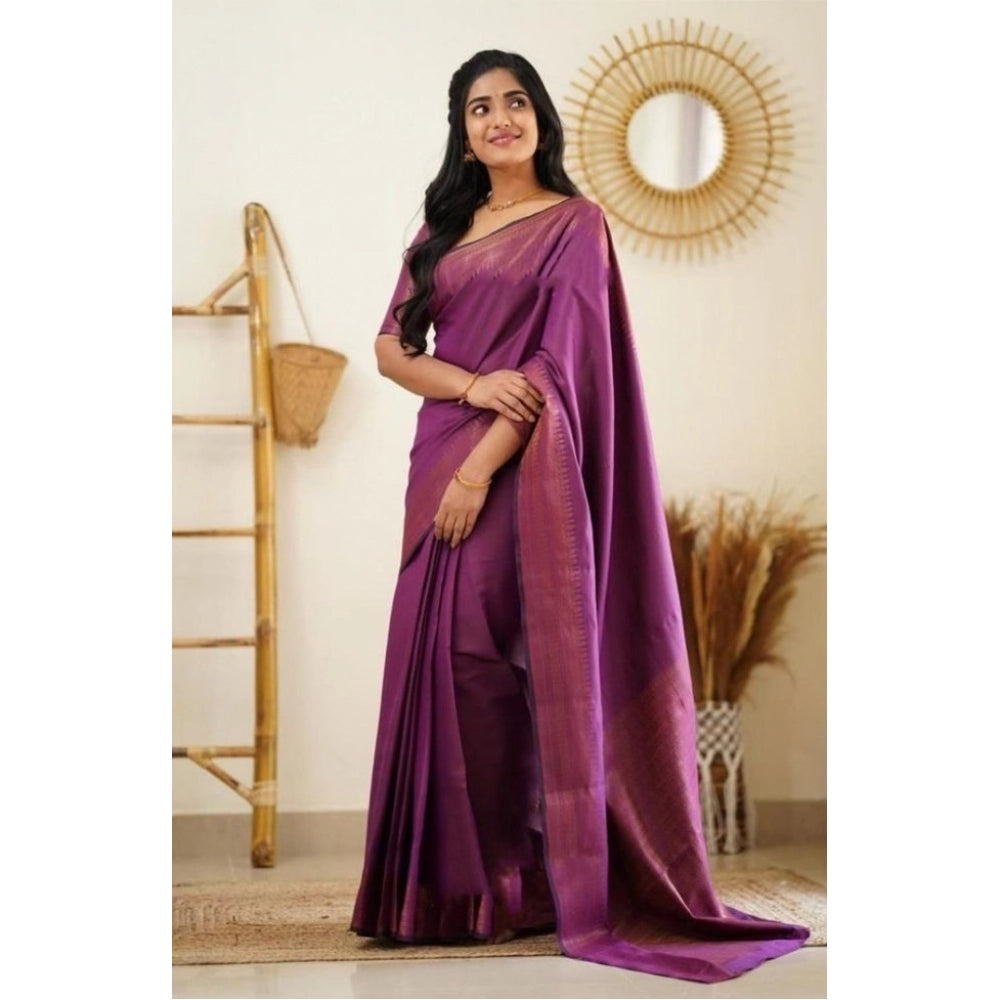 Purple litchi silk printed saree with unstitched blouse for casual occasions