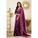 Purple litchi silk printed saree with unstitched blouse for casual occasions