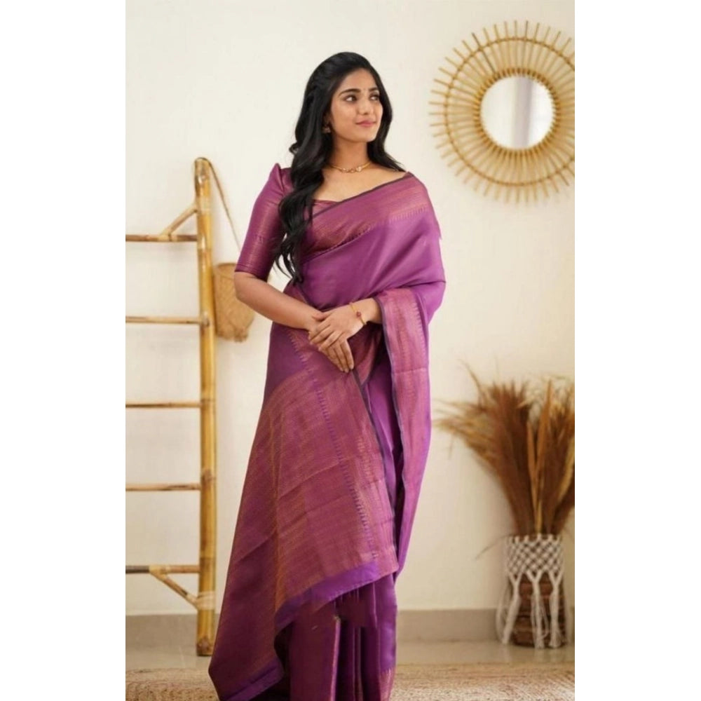Purple litchi silk printed saree with unstitched blouse for casual occasions