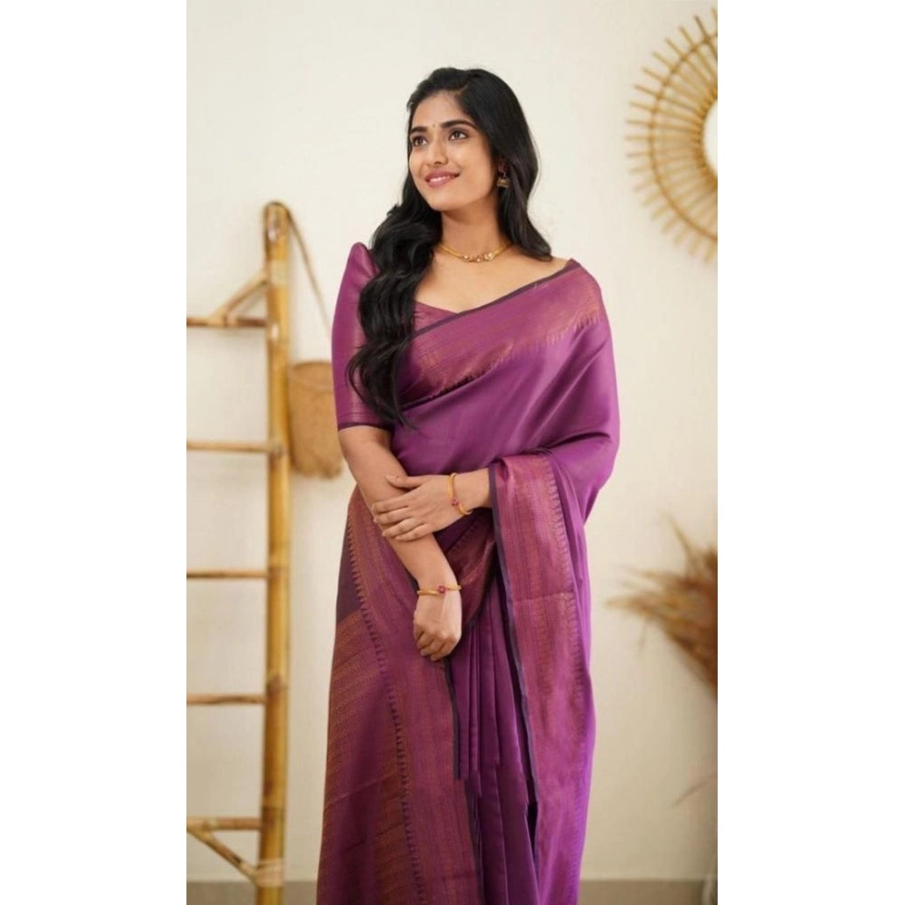 Purple litchi silk printed saree with unstitched blouse for casual occasions