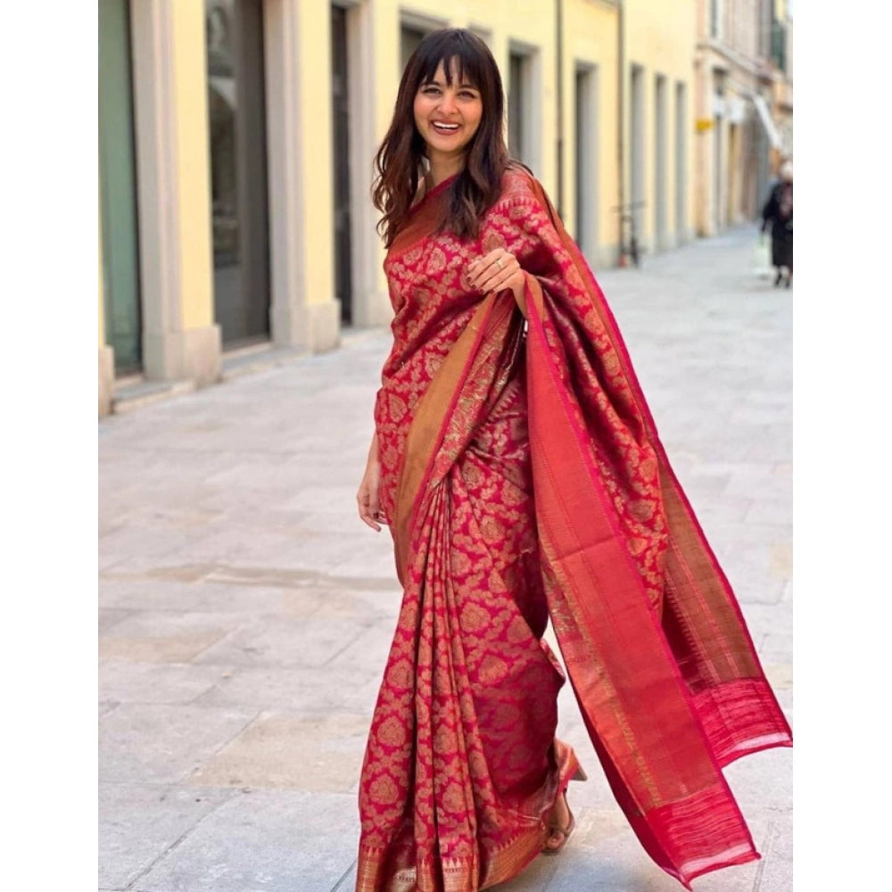 Red litchi silk printed saree with unstitched blouse - ideal for casual occasions