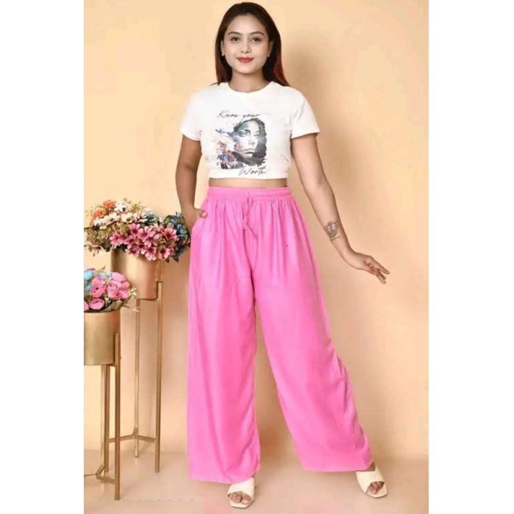 Pink rayon women's casual ankle-length palazzo, solid design, free size