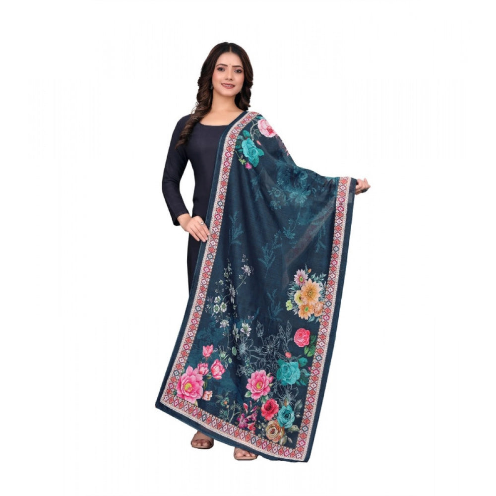 Navy Blue chanderi silk printed dupatta for casual events, machine washable clothing accessory