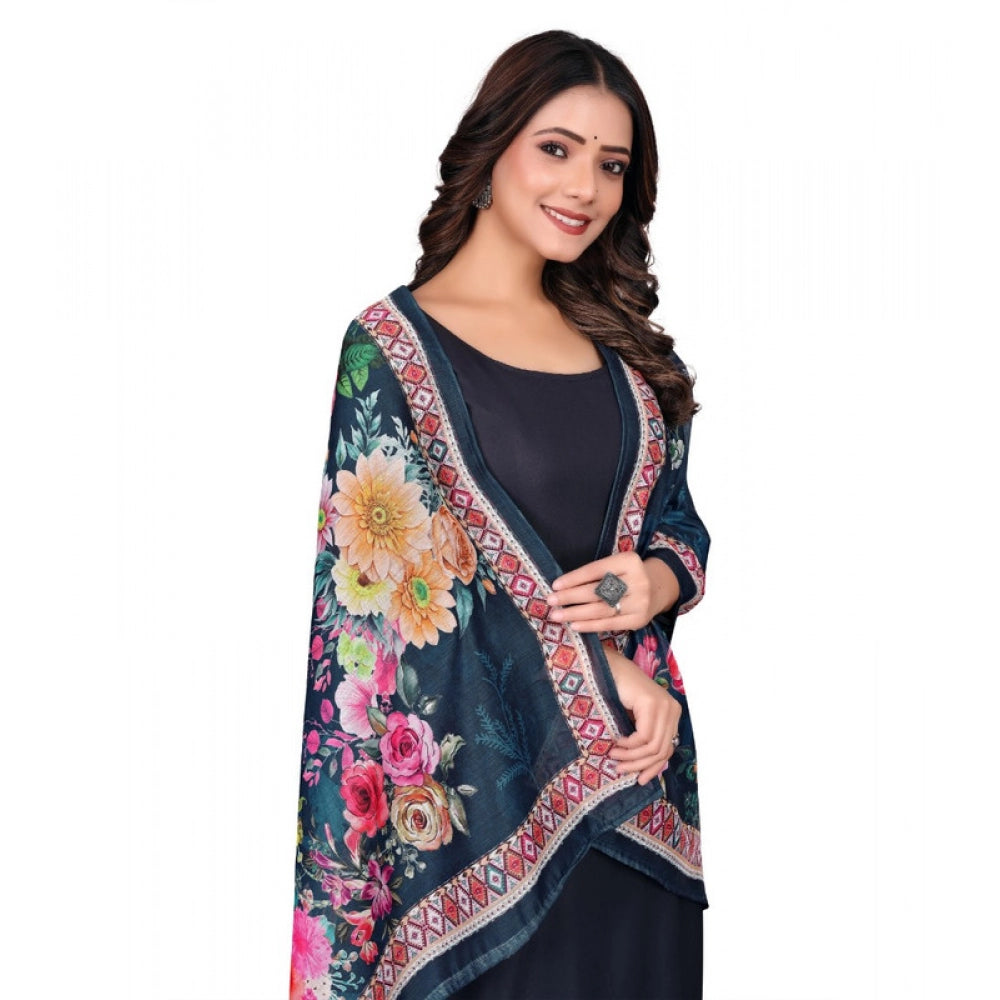 Navy blue chanderi silk printed dupatta for casual occasions, machine washable accessory