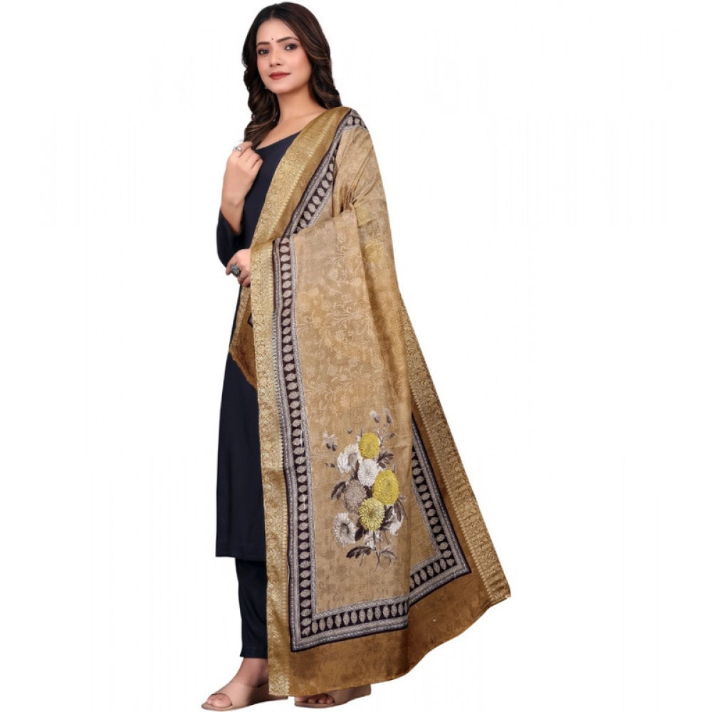 Beige chanderi silk printed dupatta for casual wear, machine washable on clothing rack