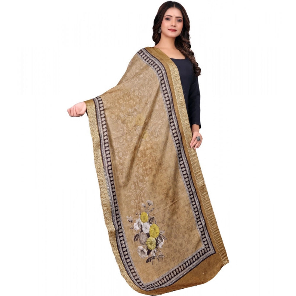 Beige chanderi silk printed dupatta for casual occasions, 2 meters length, machine washable clothing accessory