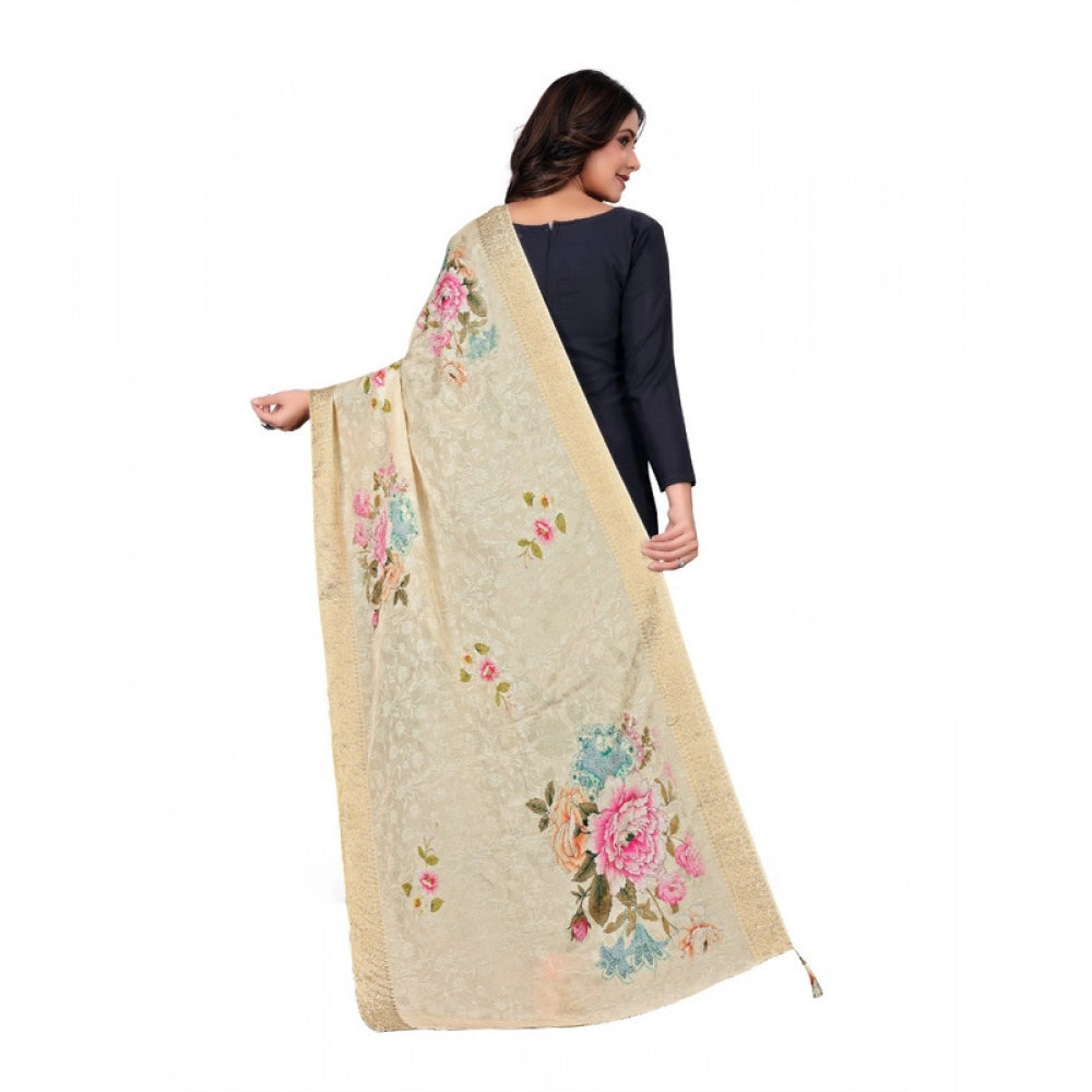 Beige Chanderi silk printed dupatta for casual occasions, ideal for machine wash