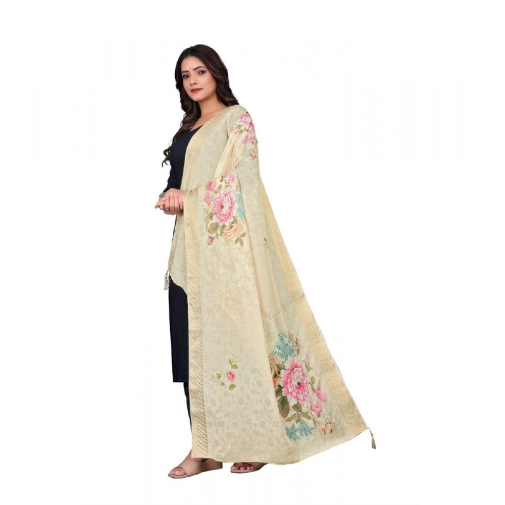 Beige Chanderi Silk Printed Dupatta (2m), machine washable for casual occasions