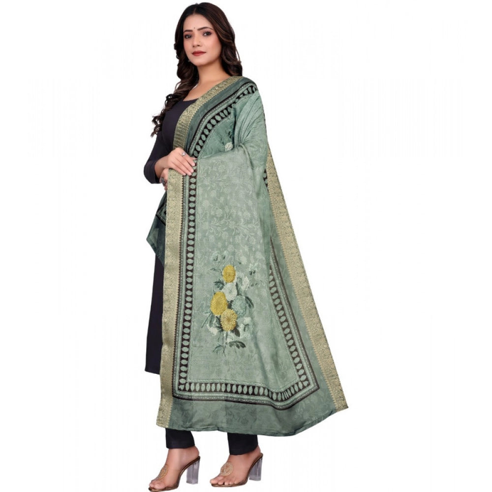 Green chanderi silk printed dupatta for casual occasions, machine washable accessory