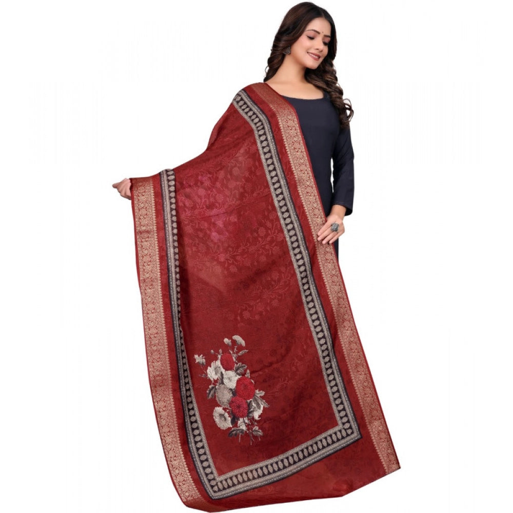 Maroon chanderi silk printed dupatta for casual occasions, machine washable on clothing rack