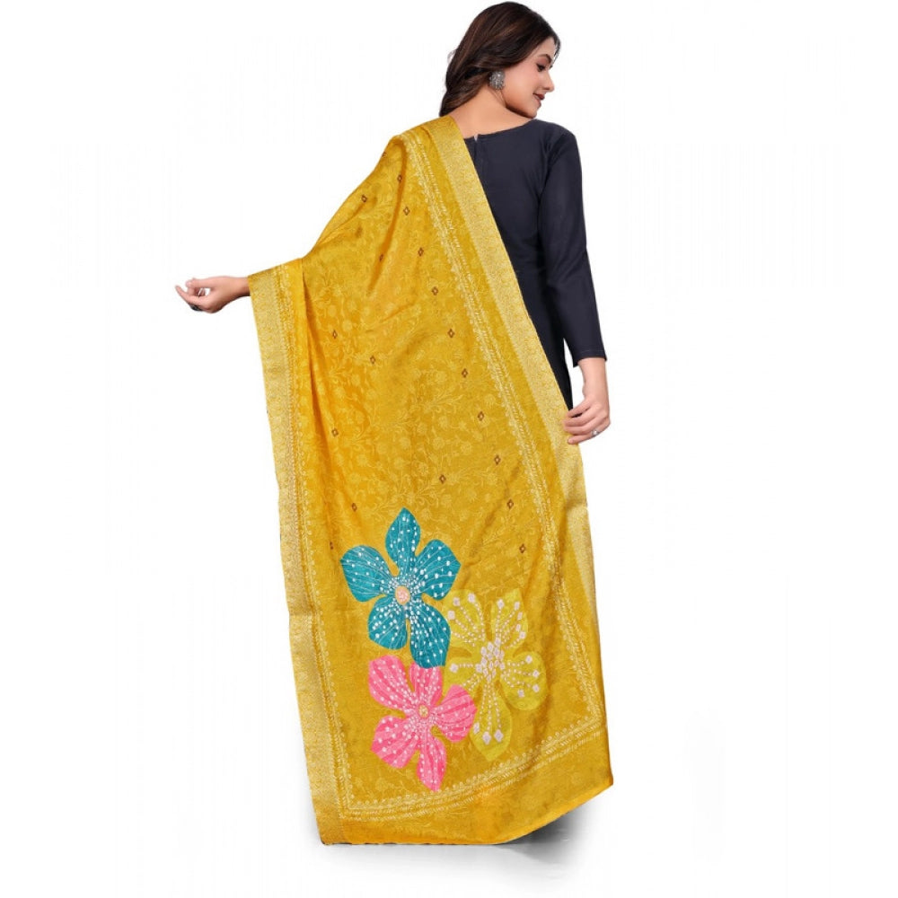 Yellow chanderi silk printed dupatta for casual occasions, machine washable on clothesline