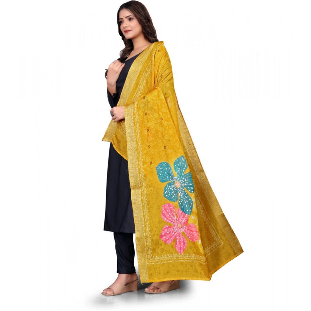 Yellow chanderi silk printed dupatta for casual occasions, machine washable clothing accessory