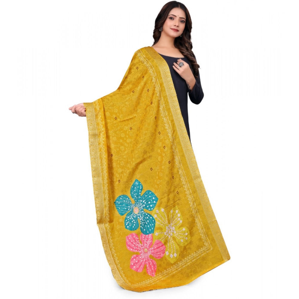 Yellow chanderi silk printed dupatta for casual occasions, machine washable accessory on hanger