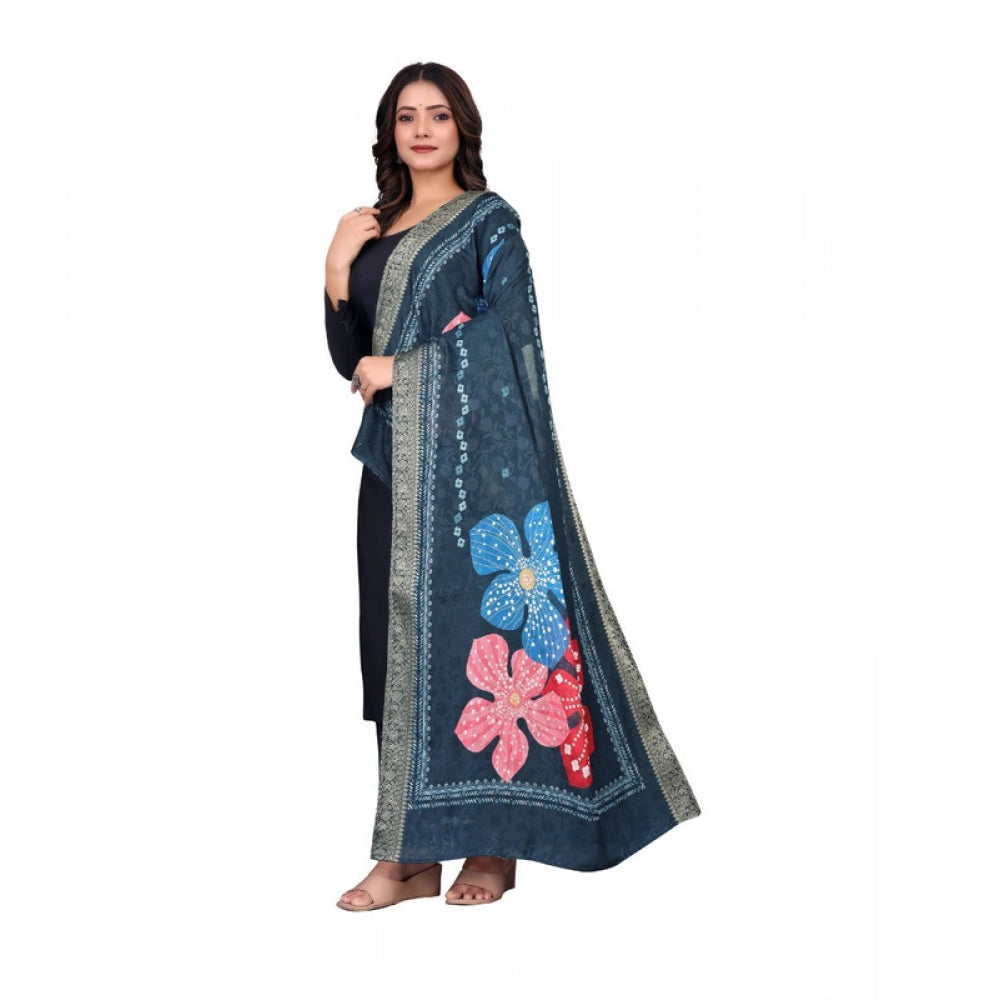 Navy blue chanderi silk printed dupatta for casual occasions, machine washable fashion accessory on hanger