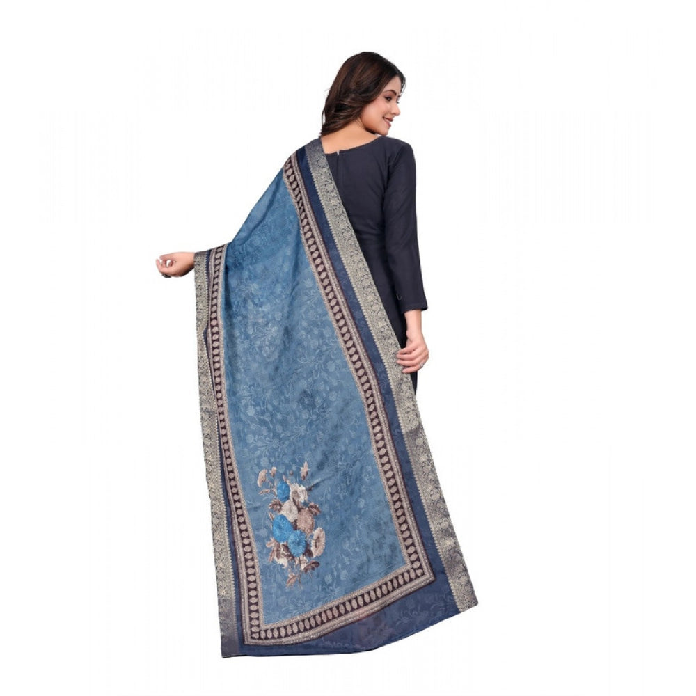 Navy Blue Chanderi Silk Printed Dupatta for casual occasions, machine washable