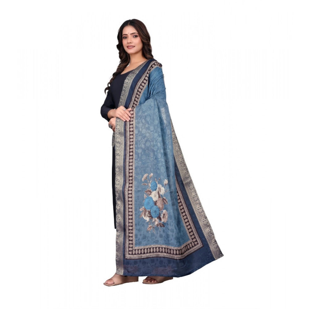 Navy blue chanderi silk printed dupatta for casual occasions, suitable for machine wash