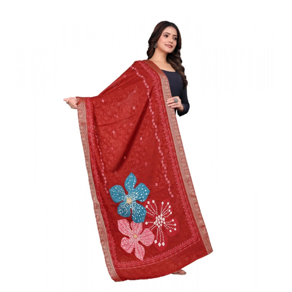 Red chanderi silk printed dupatta for casual occasions, machine washable clothing accessory (2 m length)
