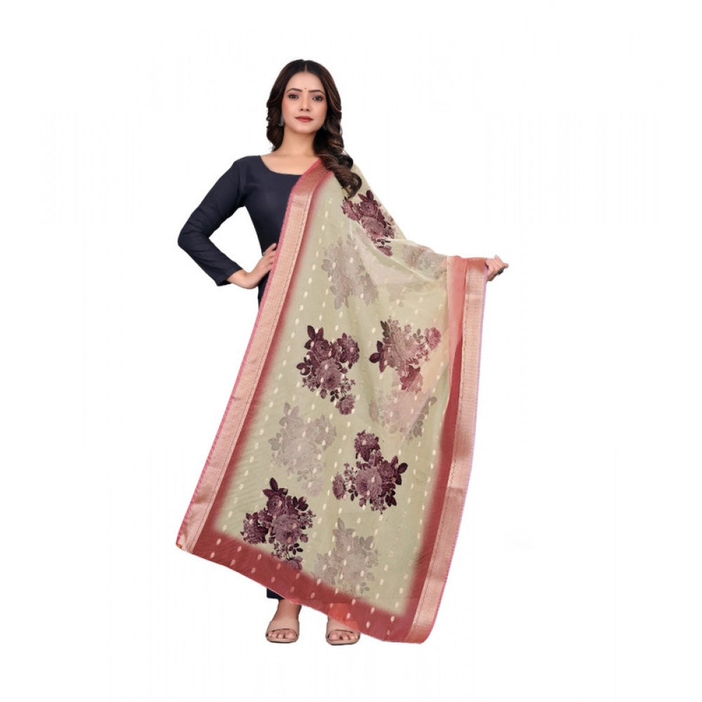 Beige chanderi silk printed dupatta, machine washable for casual occasions