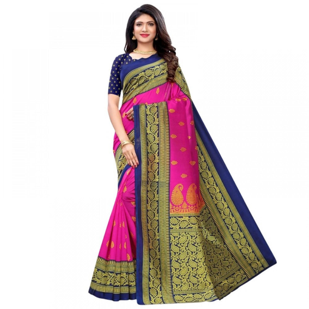 Pink litchi silk saree with printed design & blouse. Elegant, traditional Indian wear.