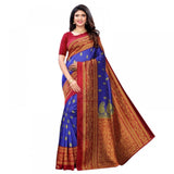 Blue litchi silk saree with blouse, printed design, 5-6 meters.
