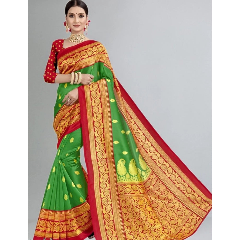 Green silk saree with printed design & blouse. Traditional Indian wear.