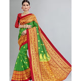 Green silk saree with printed design & blouse. Traditional Indian wear.