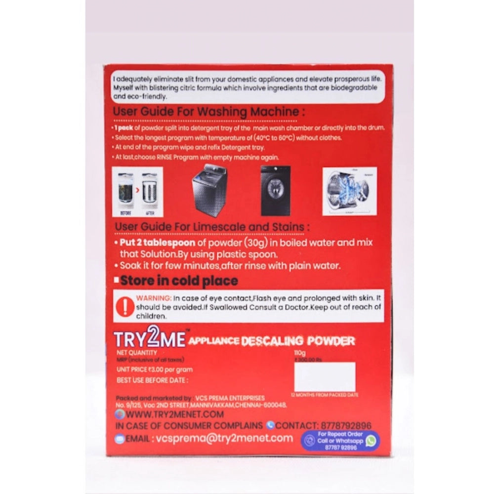 White citric acid-based appliance descaling powder by TRY2ME - removes dust and bad odors from washing machines