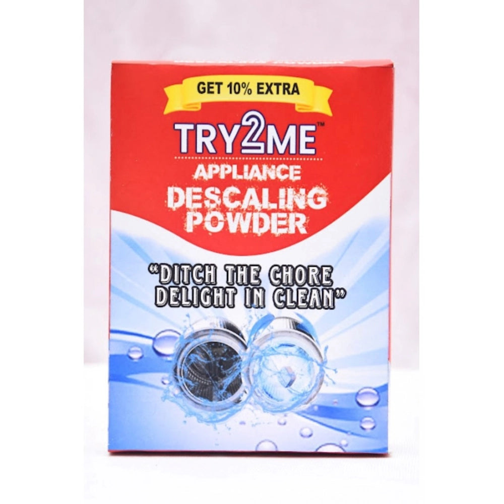 White powdered appliance descaler by TRY2ME, removes dust & musty odors from washers, citric acid-based formula, suitable for all types