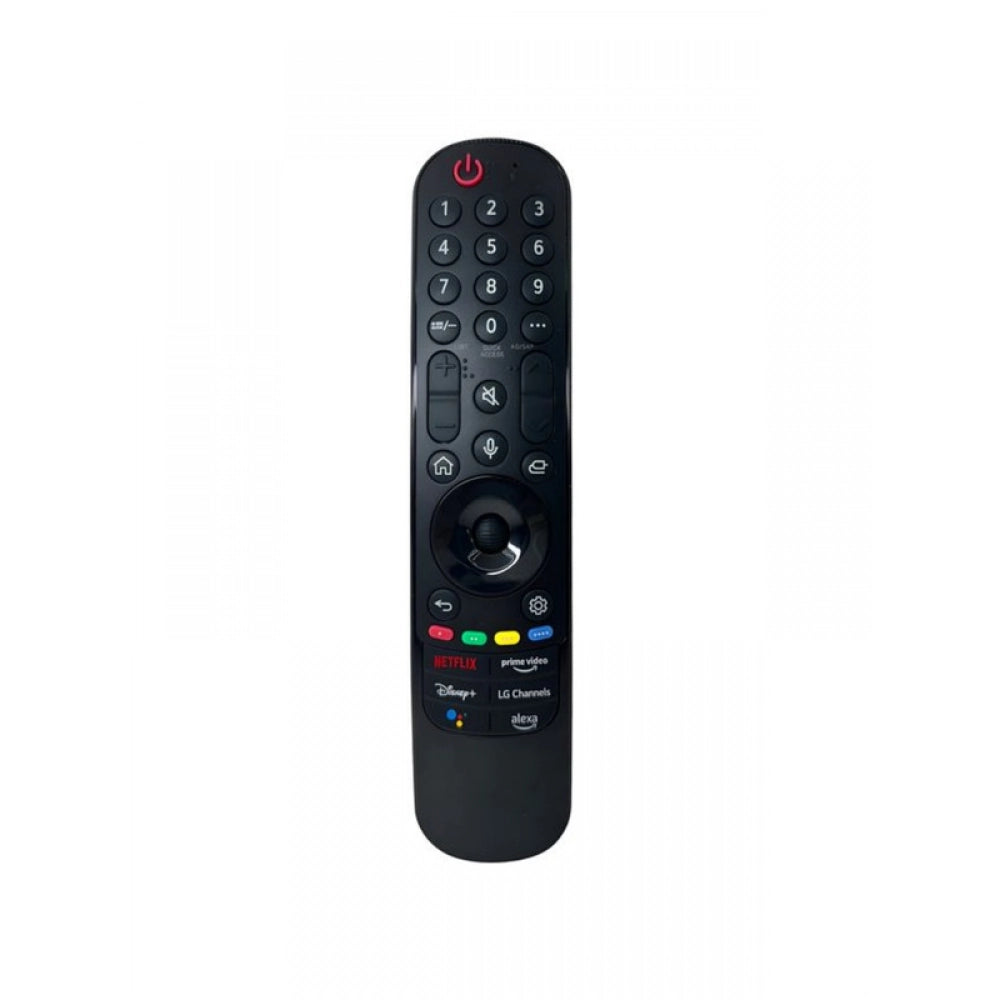 Black infrared remote for LG Smart TV with voice control, compatible with MR22GA. Features pointer function and hotkeys. Maximum range: 30 feet. Compatible with Vu Smart 4K LCD/LED TV remote No. 1164 (No Voice)