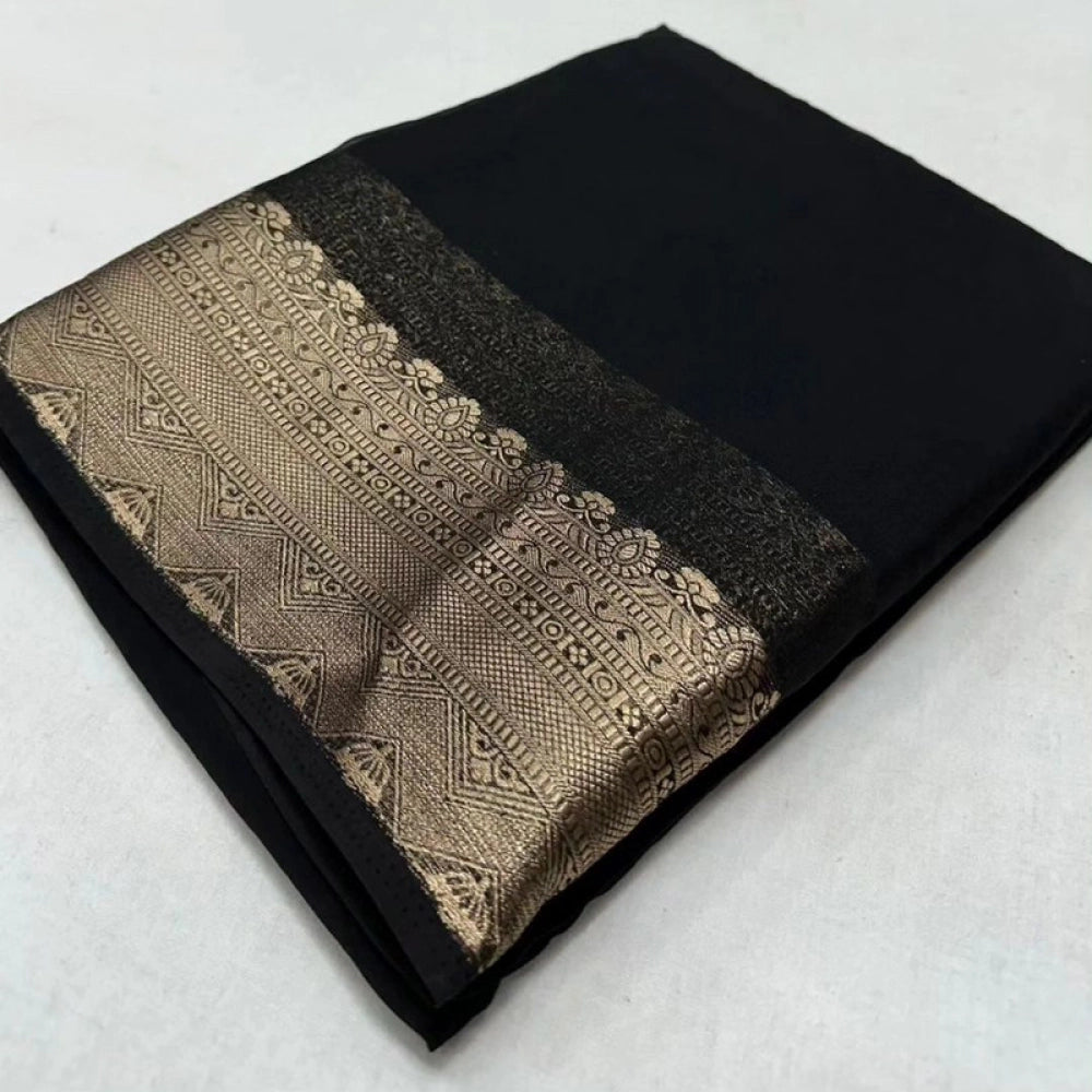 Black crepe chit pallu solid saree with unstitched blouse (5.5mtr), traditionally elegant women's fashion accessory