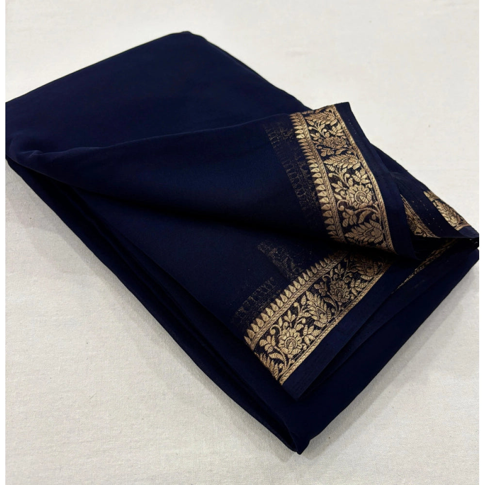 Navy blue crepe chit pallu solid saree with unstitched blouse, 5.5Mtr length