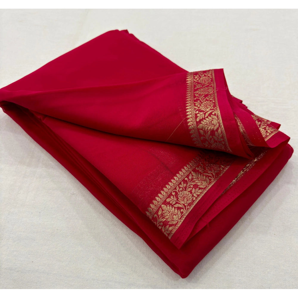 Red crepe chit pallu solid saree with unstitched blouse (5.5mtr), traditional Indian attire on mannequin