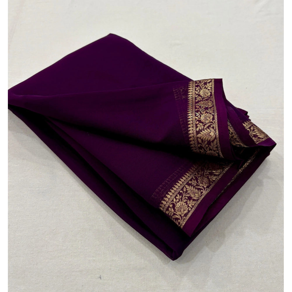 Dark purple crepe chit pallu solid saree with unstitched blouse, women's traditional Indian wear