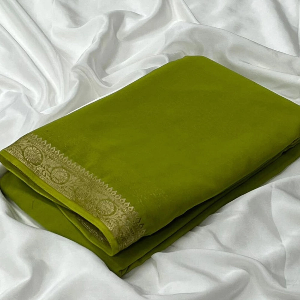 Women's Crepe Chit Pallu Solid Saree With Unstitched Blouse 5.5Mtr (Mehendi Green)