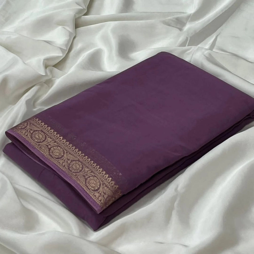 Violet crepe chit pallu solid saree with unstitched blouse, 5.5mtr