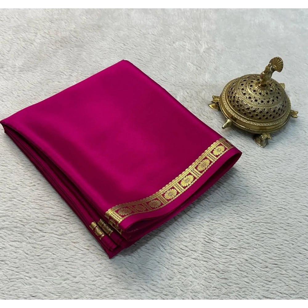Pink crepe chit pallu solid saree with unstitched blouse, 5.5mtr length for women's formal wear
