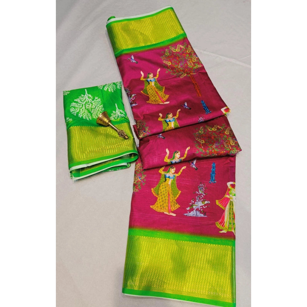 Pink Digital Dolla silk printed saree with unstitched blouse, 5.5Mtr - vibrant ethnic wear for women