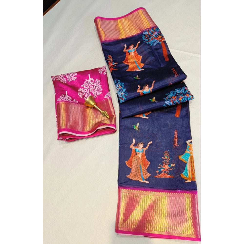 Navy blue digital dolla silk printed saree with unstitched blouse (5.5Mtr), luxurious eastern fashion wear