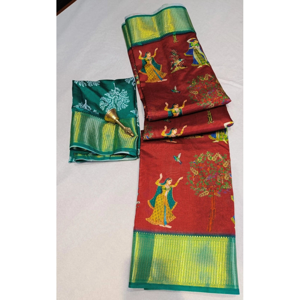 Brown digital dolla silk printed saree with unstitched blouse, 5.5mtr length