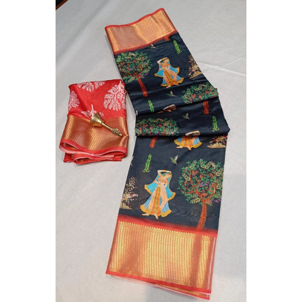 Black Digital Dolla silk printed saree with unstitched blouse, luxurious eastern wear for women