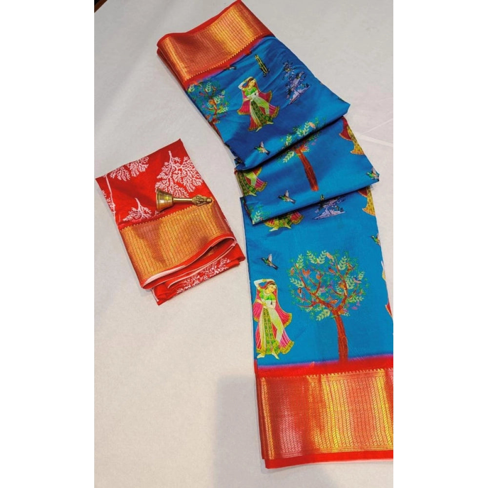 Sky blue digital dolla silk printed saree with unstitched blouse, 5.5Mtr