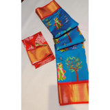 Sky blue digital dolla silk printed saree with unstitched blouse, 5.5Mtr