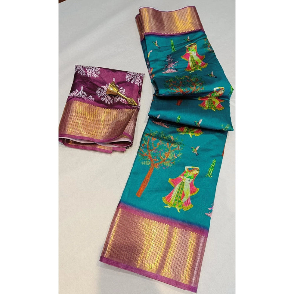 Turquoise green digital dolla silk printed saree with unstitched blouse, vibrant silk design for women's traditional Indian wear