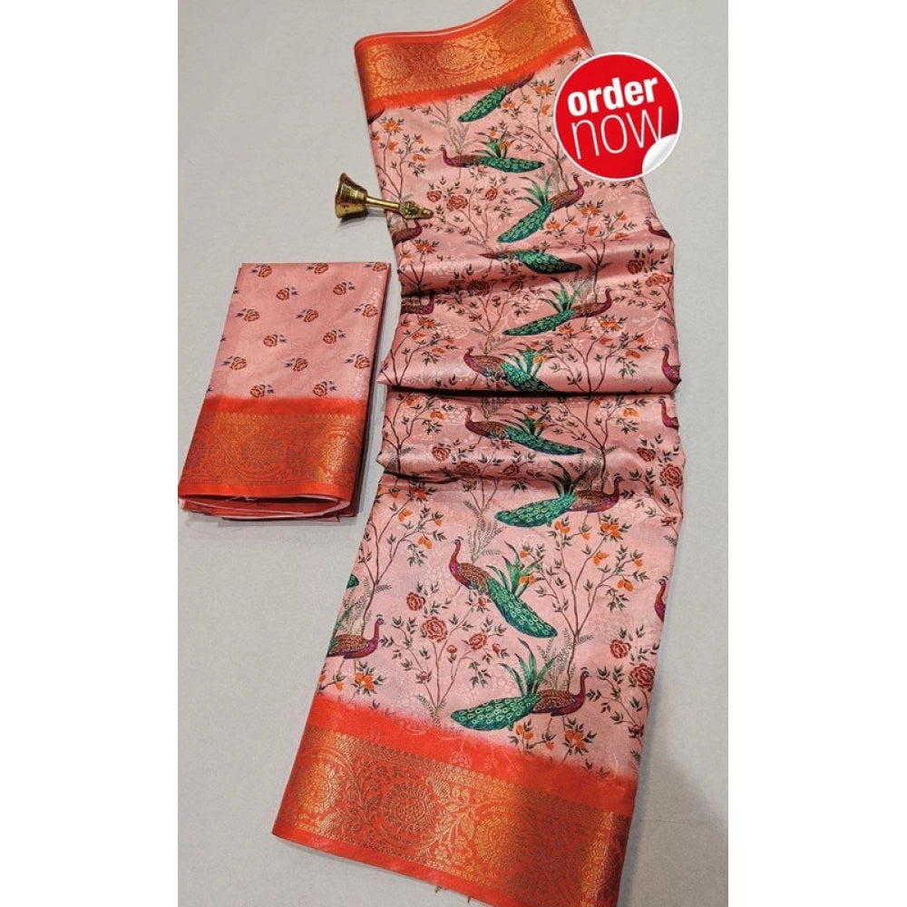 Orange digital dolla silk printed saree with unstitched blouse, 5.5mtr