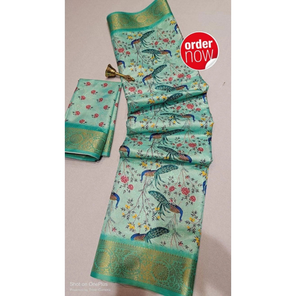 Pista Green digital dolla silk saree with unstitched blouse (5.5Mtr), vibrant printed design on display