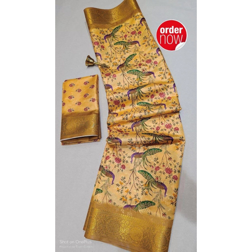 Mustard digital dolla silk printed saree with unstitched blouse (5.5mtr), luxurious Asian fashion accessory