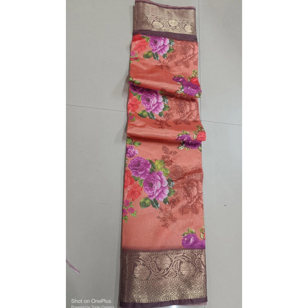 Orange digital dolla silk printed saree with unstitched blouse (5.5mtr), women's traditional Indian wear on mannequin